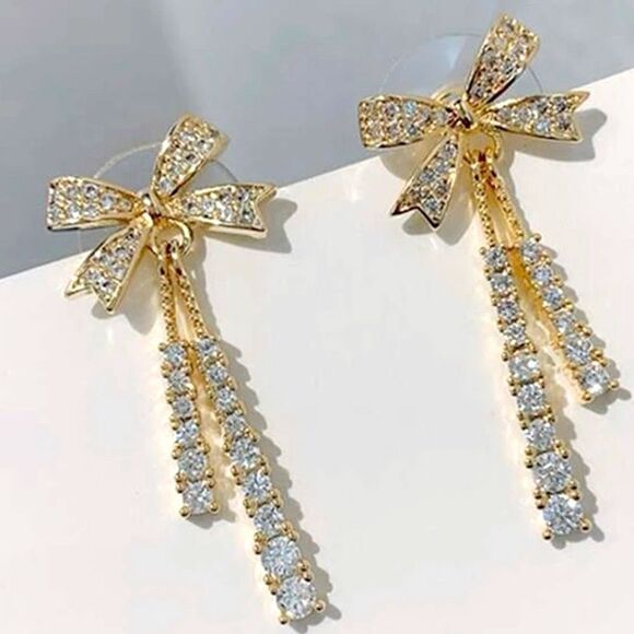 Dangle Bow Earrings l Rhinestone l 1”l Post l New - Picture 1 of 5